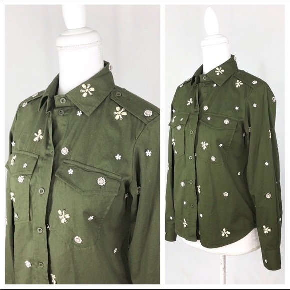 Joie bead embellished military olive green Hayfa shirt button down top XS - Picture 8 of 12